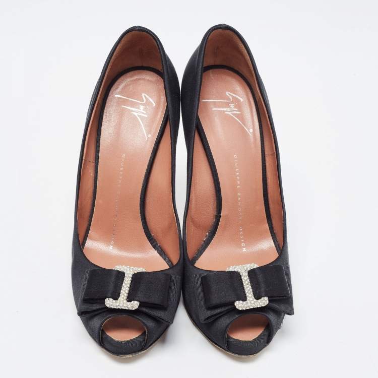 Pre Owned Giuseppe Zanotti Black Satin Bow Embellished Peep Toe Pumps Size 37.5