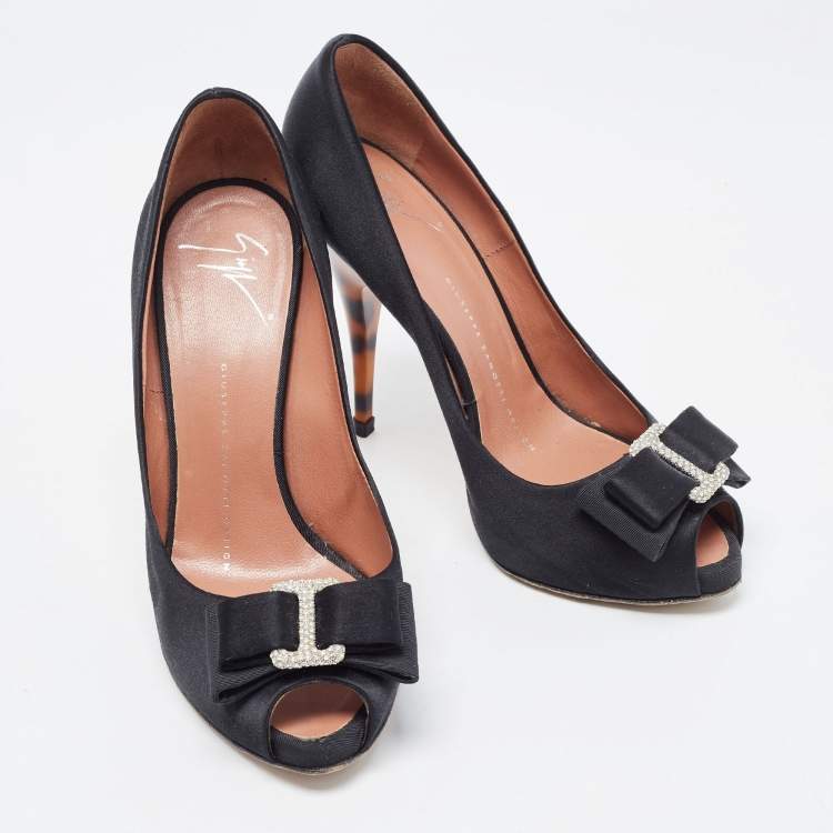 Pre Owned Giuseppe Zanotti Black Satin Bow Embellished Peep Toe Pumps Size 37.5