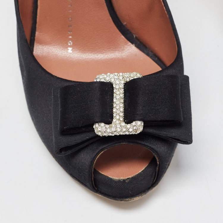Pre Owned Giuseppe Zanotti Black Satin Bow Embellished Peep Toe Pumps Size 37.5