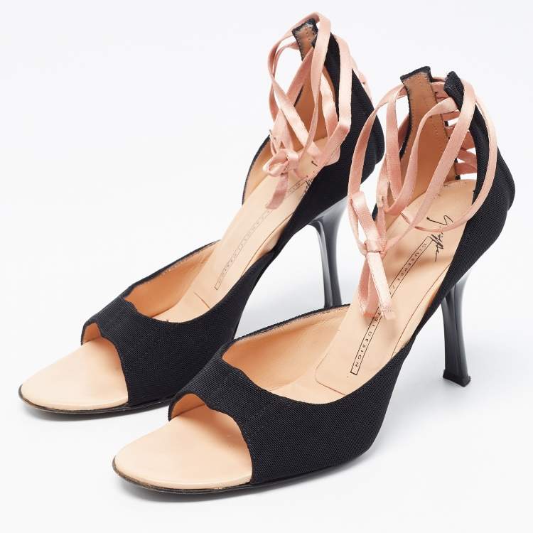 Pre Owned Giuseppe Zanotti Black Canvas Lace Trim Open Toe Pumps Size 37.5