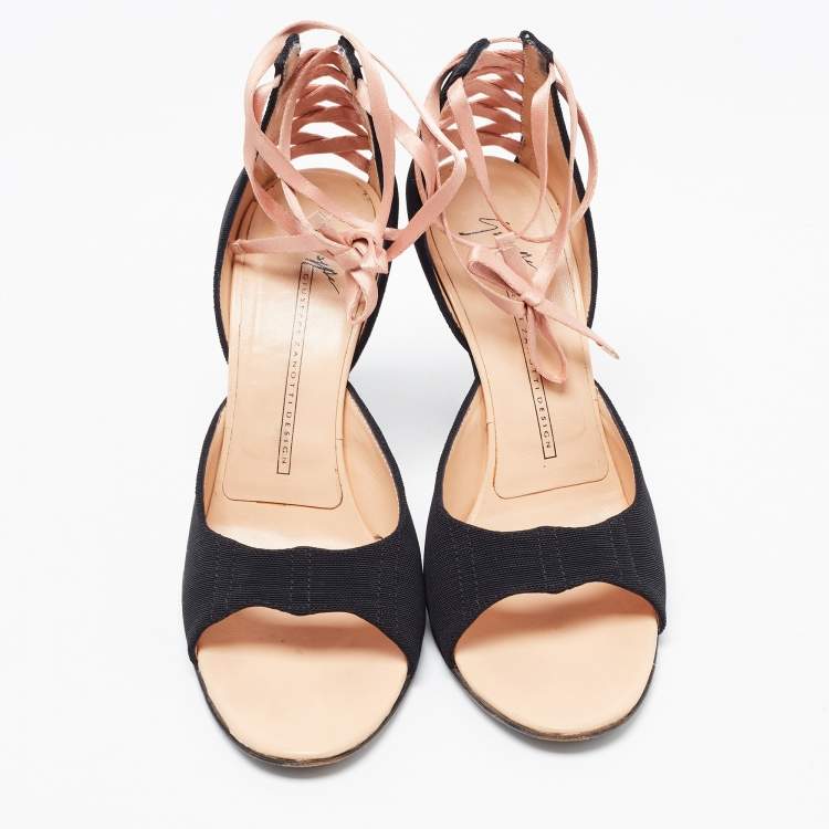 Pre Owned Giuseppe Zanotti Black Canvas Lace Trim Open Toe Pumps Size 37.5