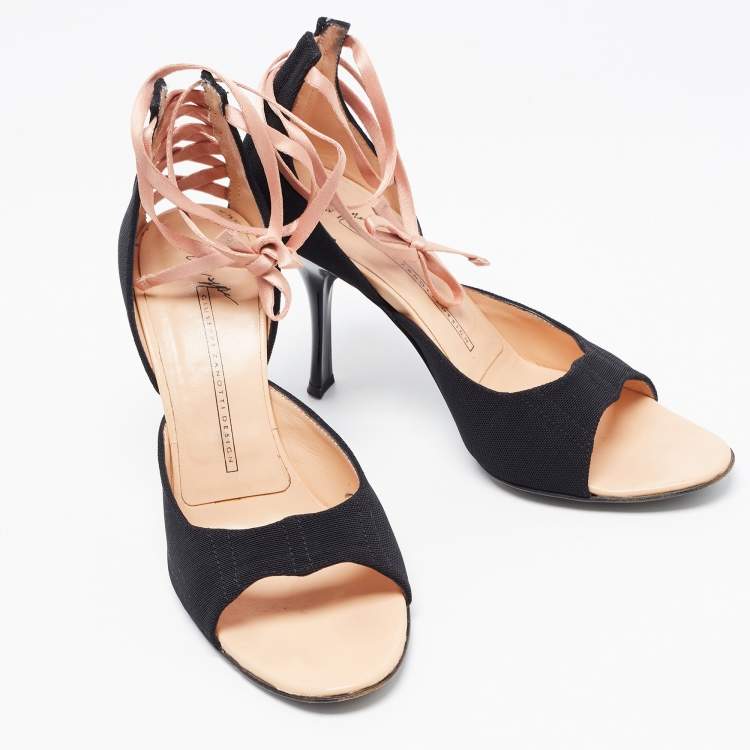 Pre Owned Giuseppe Zanotti Black Canvas Lace Trim Open Toe Pumps Size 37.5