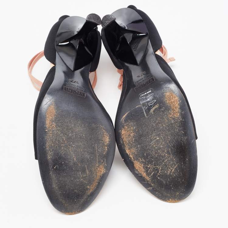 Pre Owned Giuseppe Zanotti Black Canvas Lace Trim Open Toe Pumps Size 37.5
