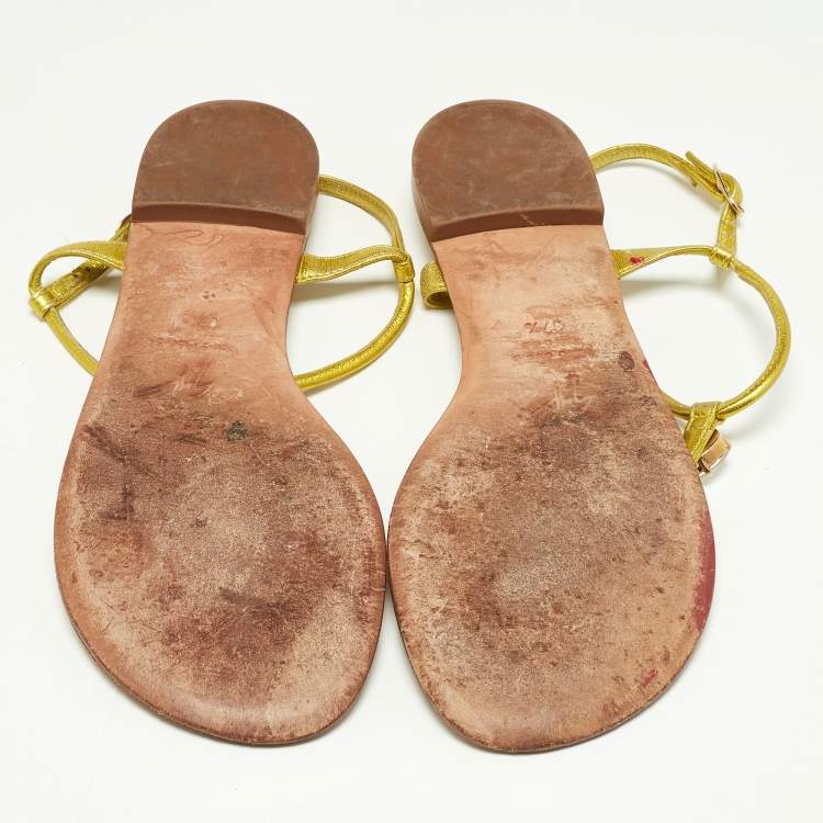 Pre Owned Giuseppe Zanotti Metallic Leather Crystal Embellished Thong Flat Sandals Size 37.5