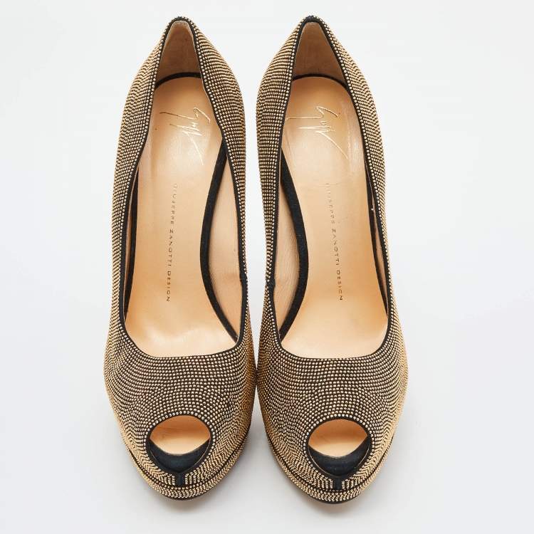 Pre Owned Giuseppe Zanotti Gold Studded Suede Embellished Peep Toe Platform Pumps Size 41