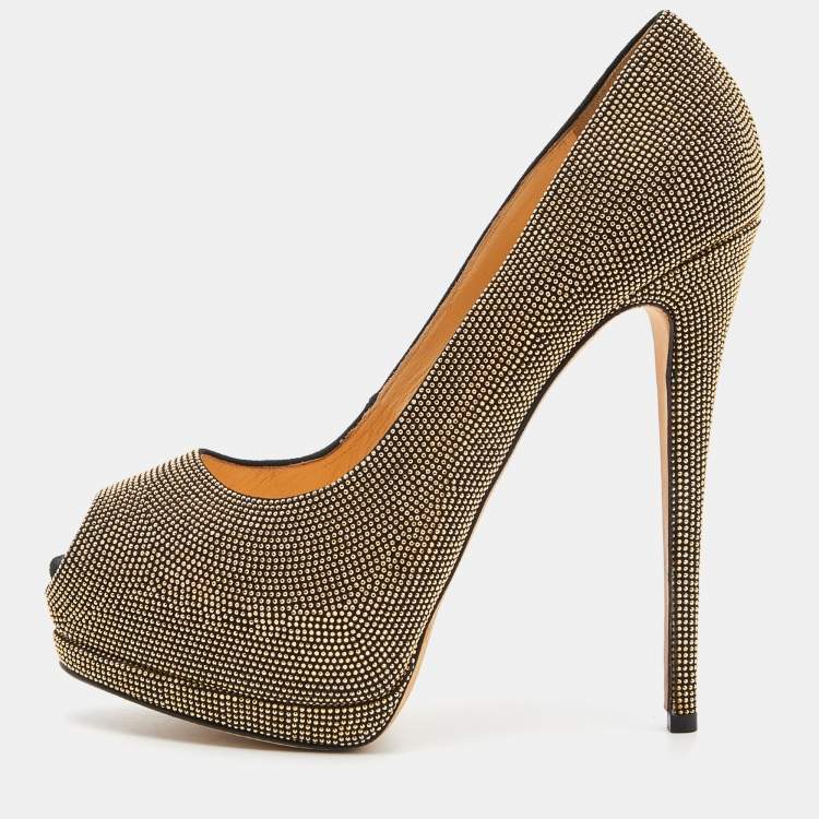 Pre Owned Giuseppe Zanotti Gold Studded Suede Embellished Peep Toe Platform Pumps Size 41