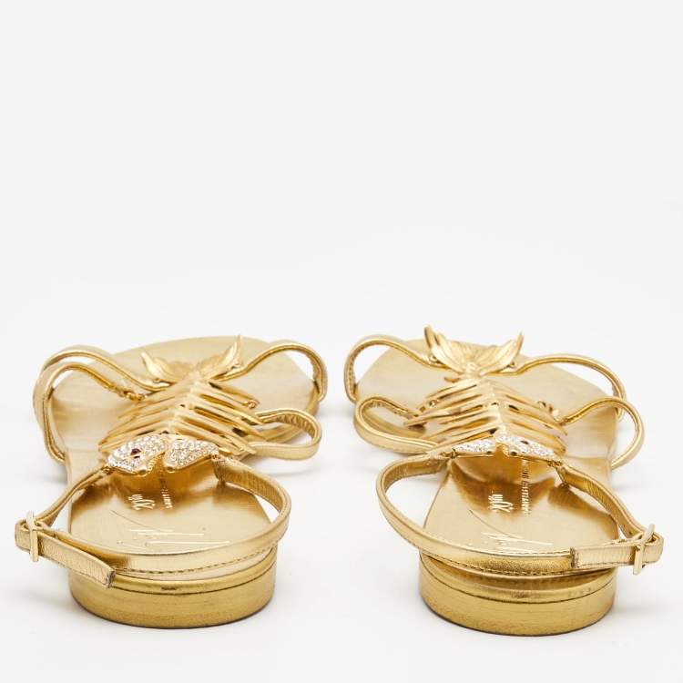 Pre Owned Giuseppe Zanotti Gold Leather Fishbone Embellished Ankle Strap Sandals Size 42