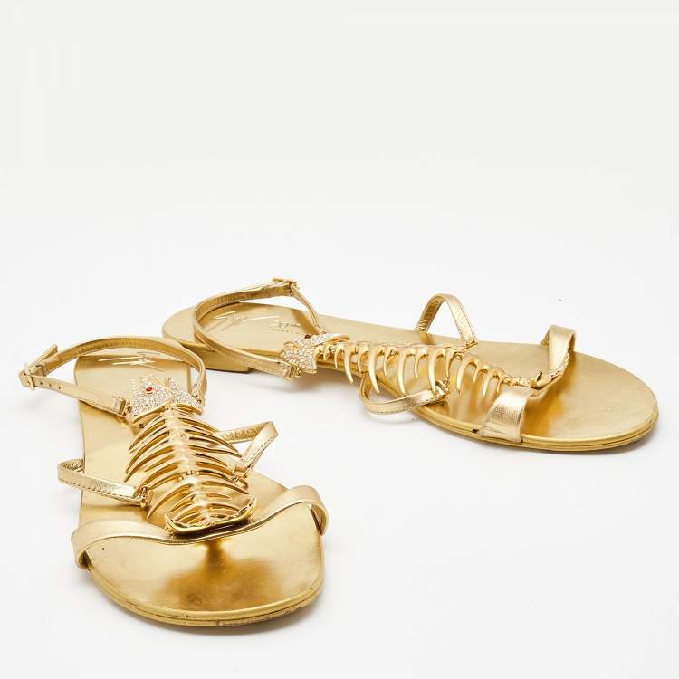 Pre Owned Giuseppe Zanotti Gold Leather Fishbone Embellished Ankle Strap Sandals Size 42