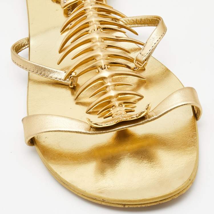 Pre Owned Giuseppe Zanotti Gold Leather Fishbone Embellished Ankle Strap Sandals Size 42