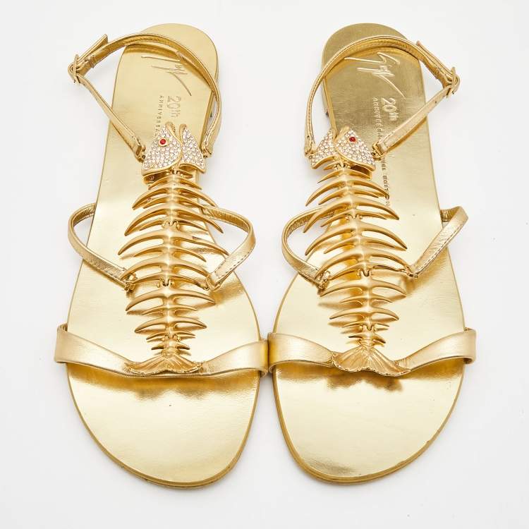 Pre Owned Giuseppe Zanotti Gold Leather Fishbone Embellished Ankle Strap Sandals Size 42