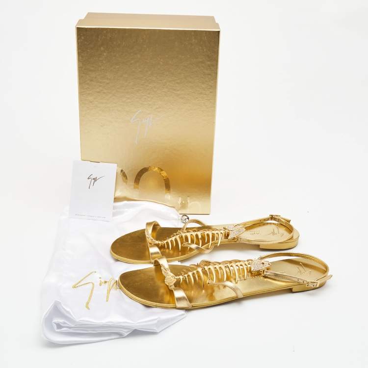 Pre Owned Giuseppe Zanotti Gold Leather Fishbone Embellished Ankle Strap Sandals Size 42