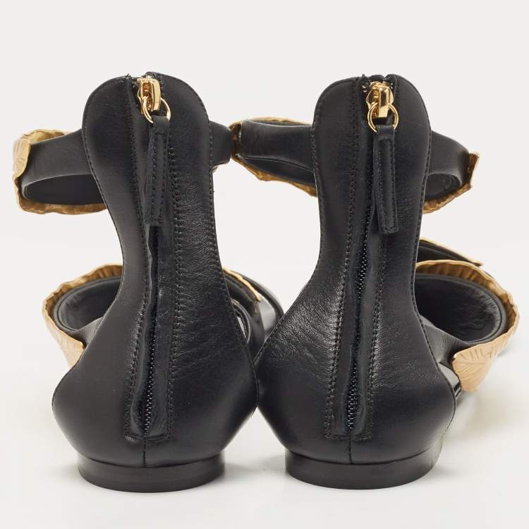 Pre Owned Giuseppe Zanotti Black Leather Leaf Ankle Cuff Sandals Size 41