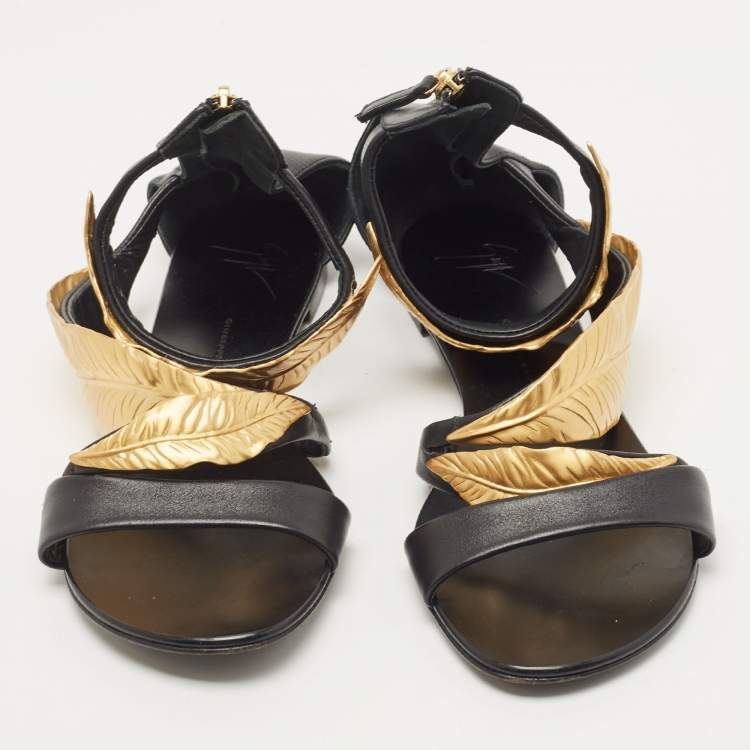 Pre Owned Giuseppe Zanotti Black Leather Leaf Ankle Cuff Sandals Size 41
