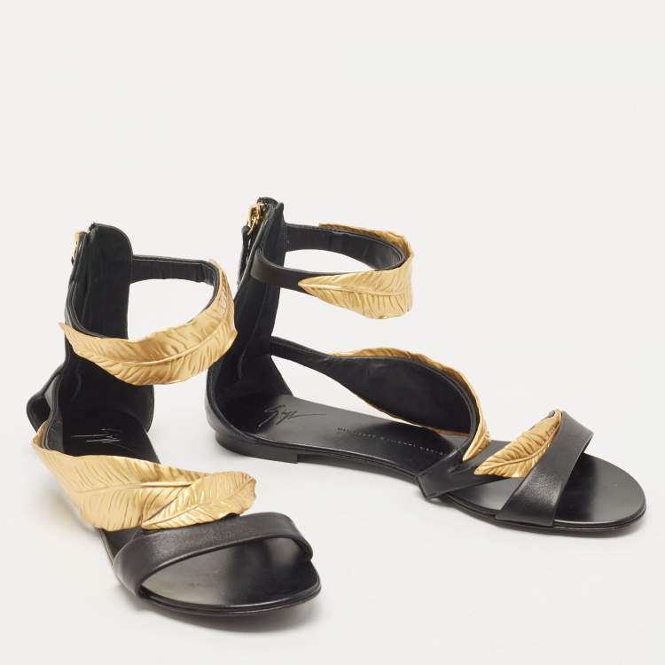 Pre Owned Giuseppe Zanotti Black Leather Leaf Ankle Cuff Sandals Size 41