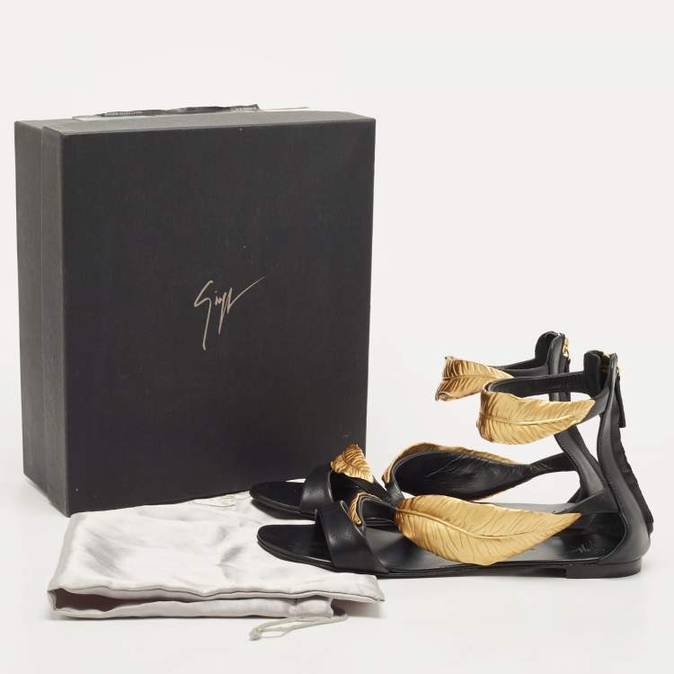 Pre Owned Giuseppe Zanotti Black Leather Leaf Ankle Cuff Sandals Size 41