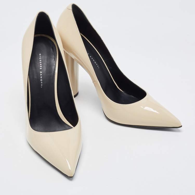 Pre Owned Giuseppe Zanotti Creme Patent Leather Block Heel Pointed Toe Pumps Size 38