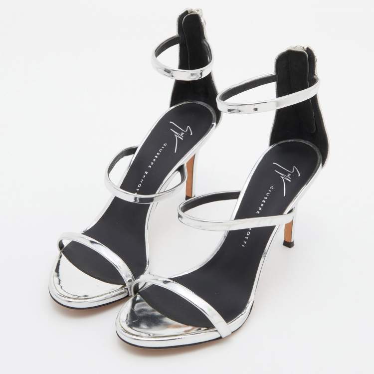 Pre Owned Giuseppe Zanotti Silver Laminated Leather Ankle Strap Sandals Size 36