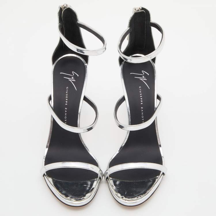 Pre Owned Giuseppe Zanotti Silver Laminated Leather Ankle Strap Sandals Size 36
