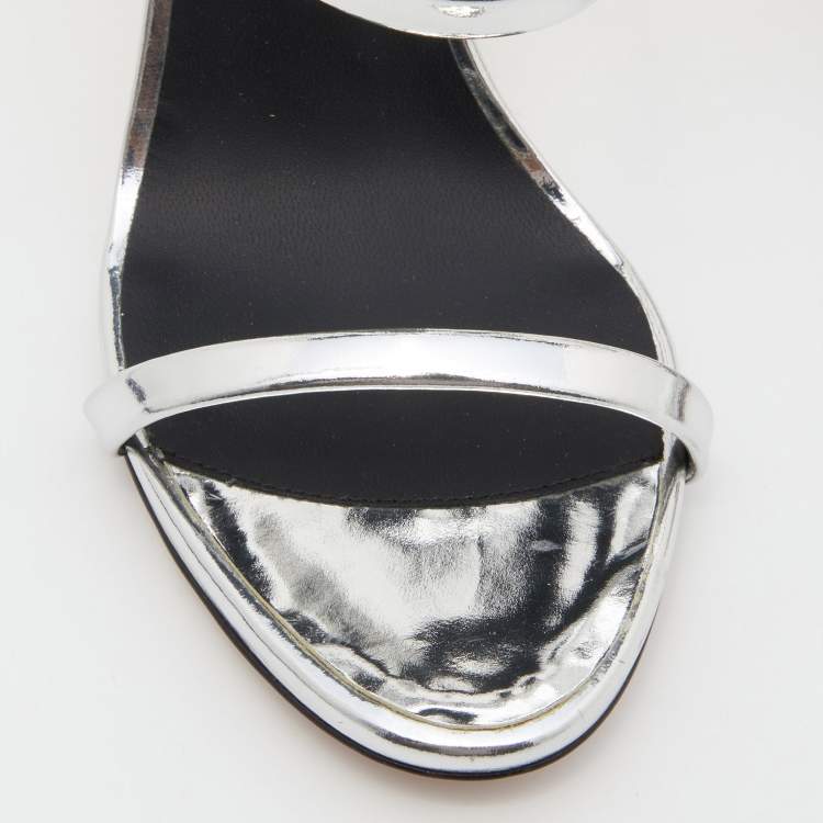 Pre Owned Giuseppe Zanotti Silver Laminated Leather Ankle Strap Sandals Size 36