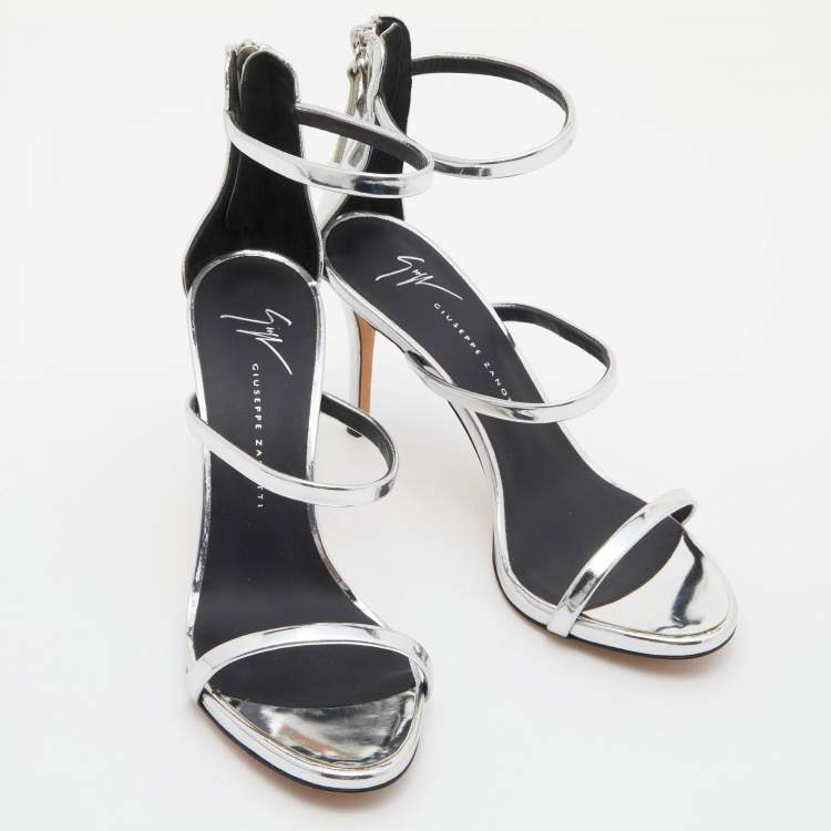 Pre Owned Giuseppe Zanotti Silver Laminated Leather Ankle Strap Sandals Size 36