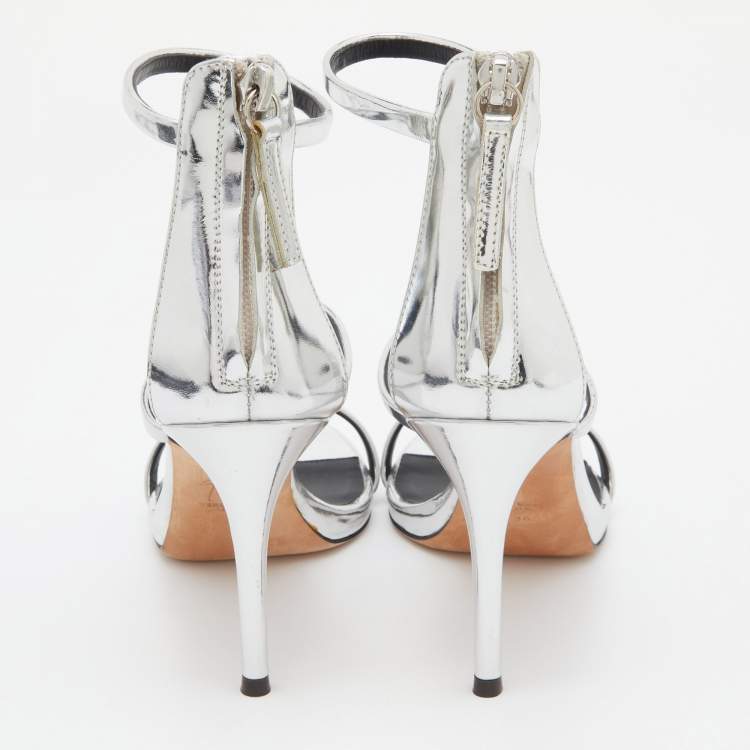 Pre Owned Giuseppe Zanotti Silver Laminated Leather Ankle Strap Sandals Size 36