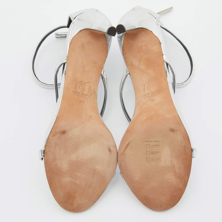 Pre Owned Giuseppe Zanotti Silver Laminated Leather Ankle Strap Sandals Size 36