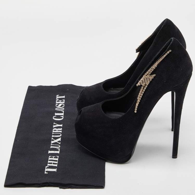 Pre Owned Giuseppe Zanotti Black Suede Crystal Embellished Peep Toe Pumps Size 35.5