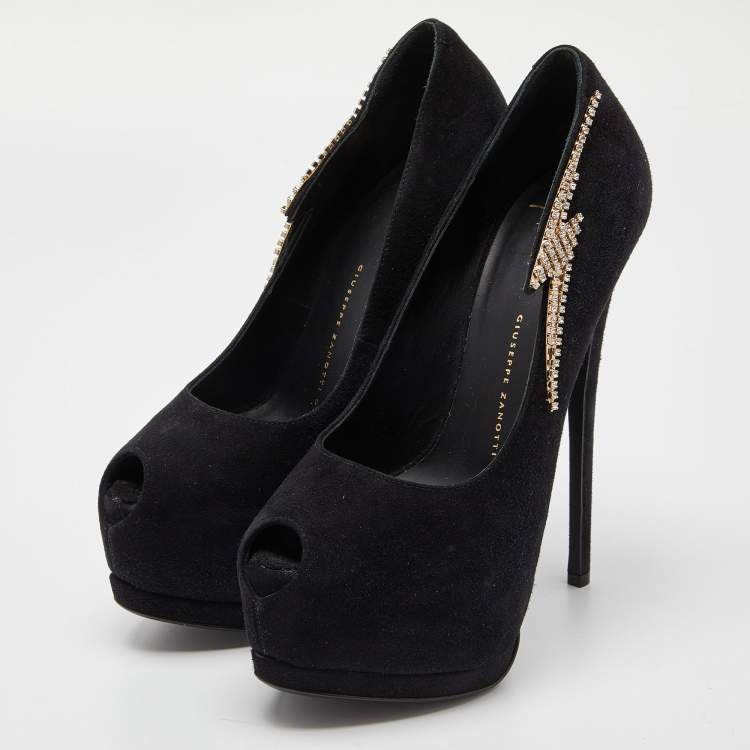 Pre Owned Giuseppe Zanotti Black Suede Crystal Embellished Peep Toe Pumps Size 35.5