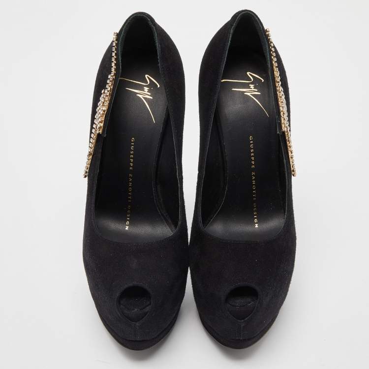 Pre Owned Giuseppe Zanotti Black Suede Crystal Embellished Peep Toe Pumps Size 35.5