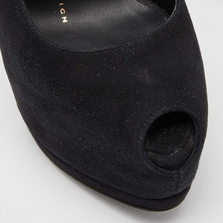 Pre Owned Giuseppe Zanotti Black Suede Crystal Embellished Peep Toe Pumps Size 35.5