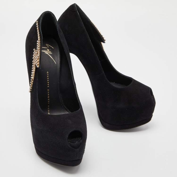 Pre Owned Giuseppe Zanotti Black Suede Crystal Embellished Peep Toe Pumps Size 35.5