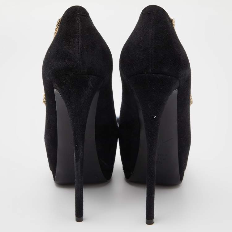 Pre Owned Giuseppe Zanotti Black Suede Crystal Embellished Peep Toe Pumps Size 35.5