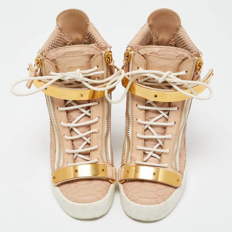 Pre Owned Giuseppe Zanotti Pink Python Embossed Leather Lorenz Wedge Sneakers Size 39
