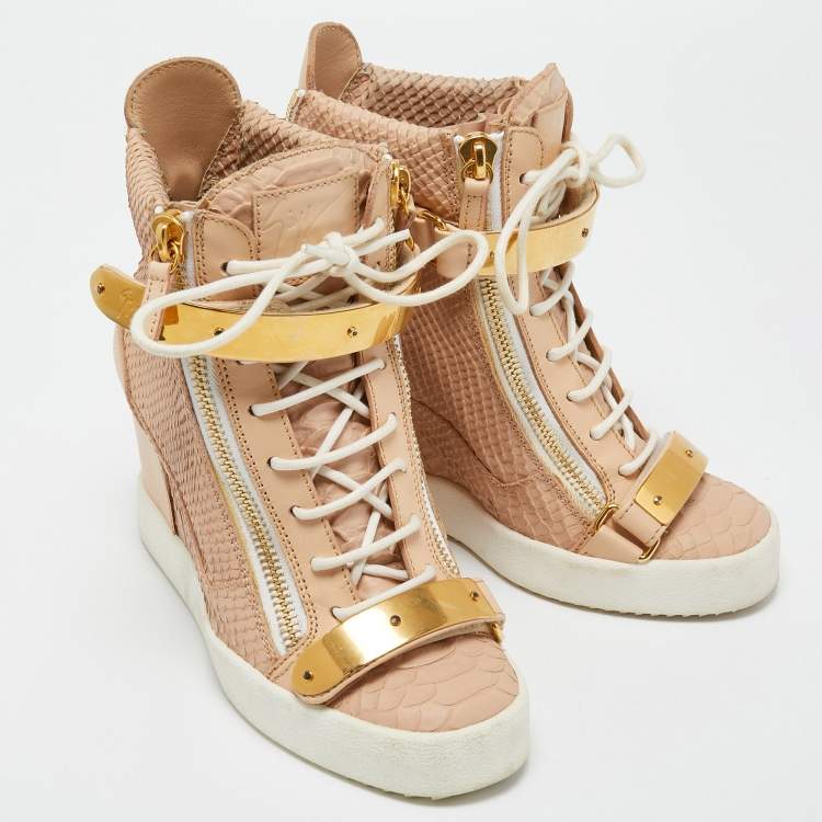 Pre Owned Giuseppe Zanotti Pink Python Embossed Leather Lorenz Wedge Sneakers Size 39