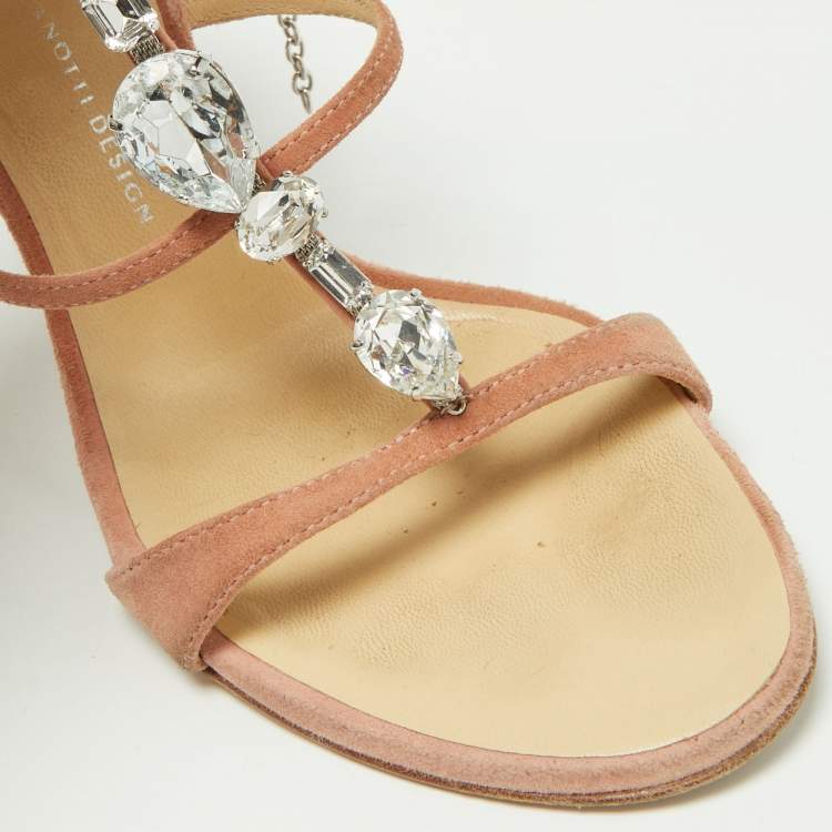 Pre Owned Giuseppe Zanotti Pink Suede Crystal Embellished Ankle Strap Sandals Size 37