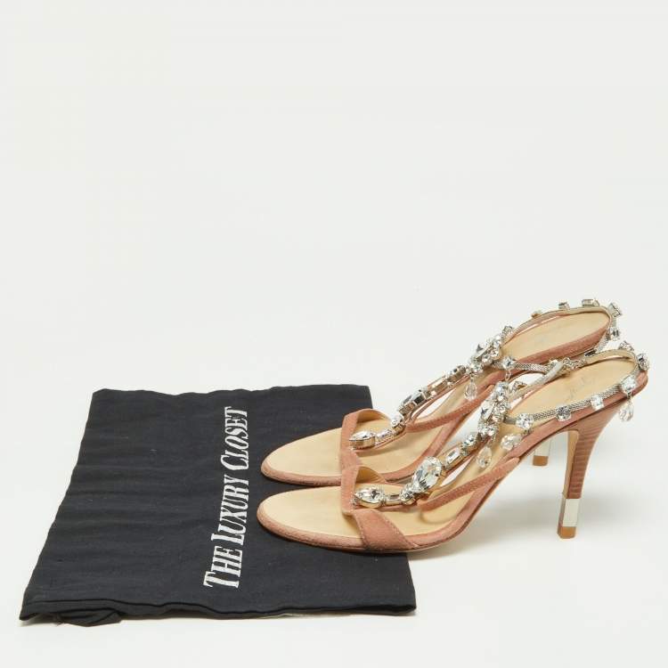 Pre Owned Giuseppe Zanotti Pink Suede Crystal Embellished Ankle Strap Sandals Size 37