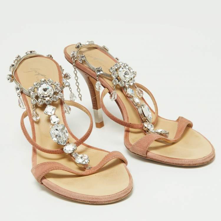 Pre Owned Giuseppe Zanotti Pink Suede Crystal Embellished Ankle Strap Sandals Size 37