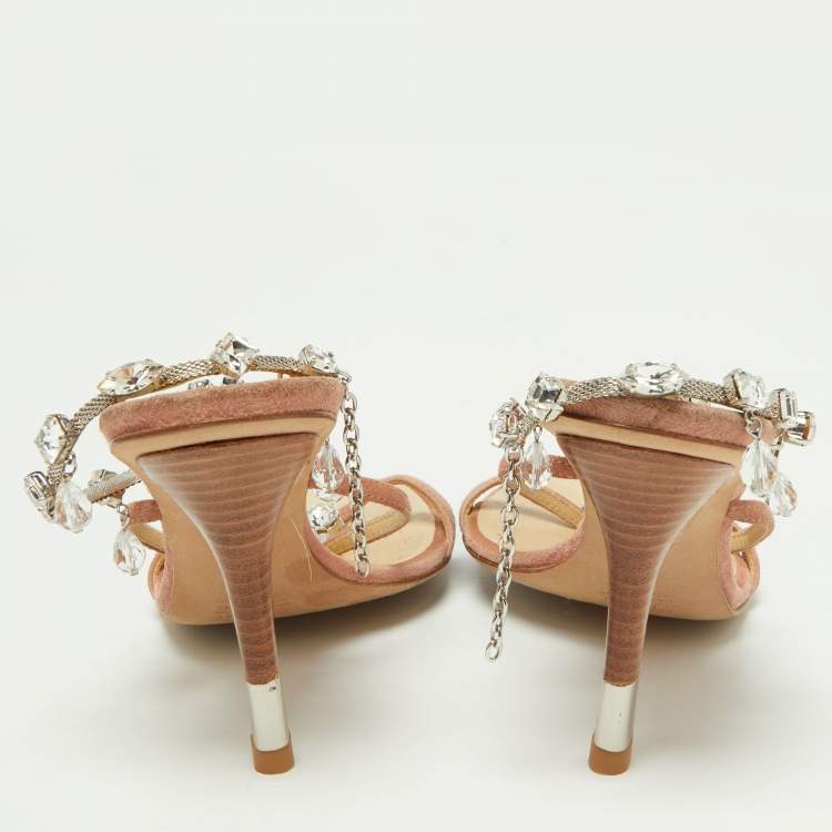 Pre Owned Giuseppe Zanotti Pink Suede Crystal Embellished Ankle Strap Sandals Size 37