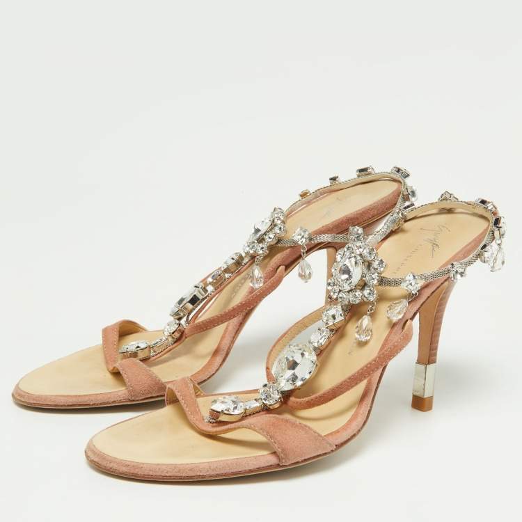 Pre Owned Giuseppe Zanotti Pink Suede Crystal Embellished Ankle Strap Sandals Size 37