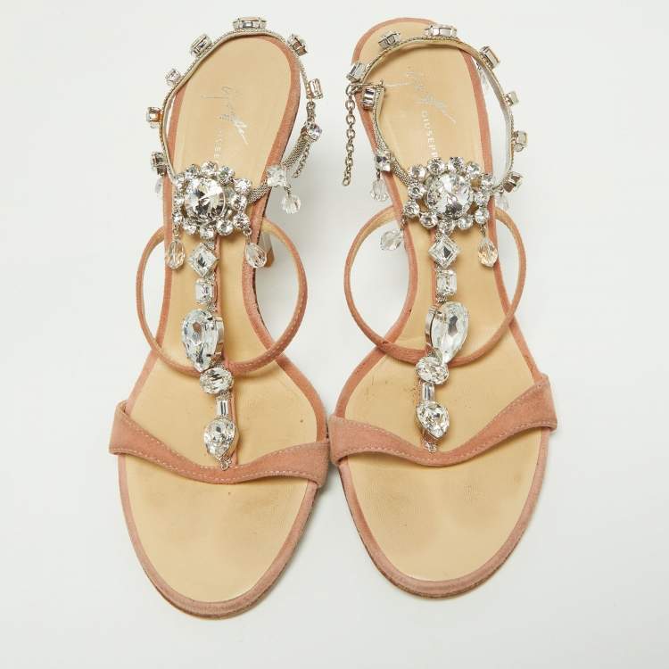 Pre Owned Giuseppe Zanotti Pink Suede Crystal Embellished Ankle Strap Sandals Size 37