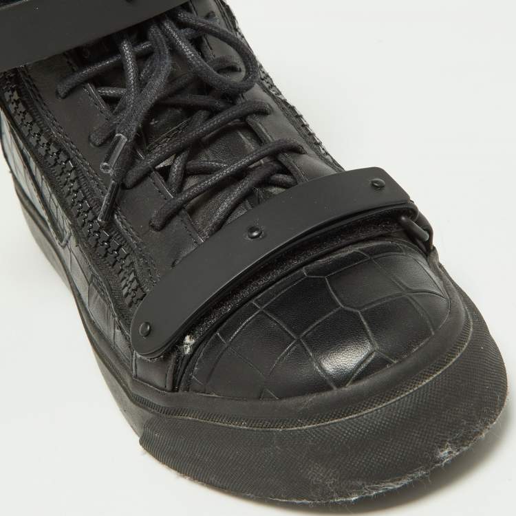 Pre Owned Giuseppe Zanotti Black Croc Embossed Leather Coby High Top Sneakers Size 38