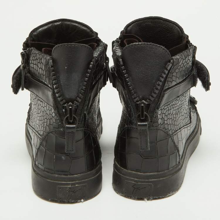 Pre Owned Giuseppe Zanotti Black Croc Embossed Leather Coby High Top Sneakers Size 38