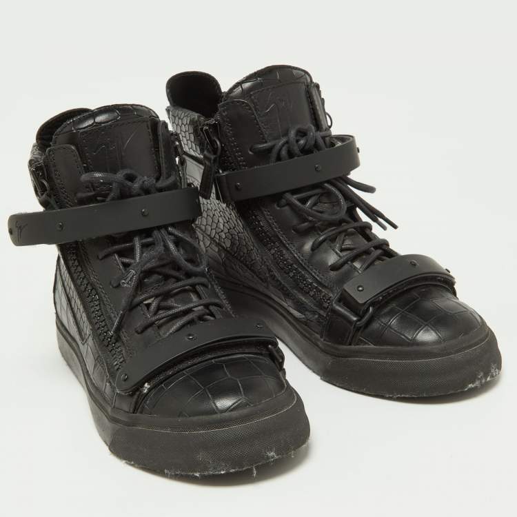 Pre Owned Giuseppe Zanotti Black Croc Embossed Leather Coby High Top Sneakers Size 38
