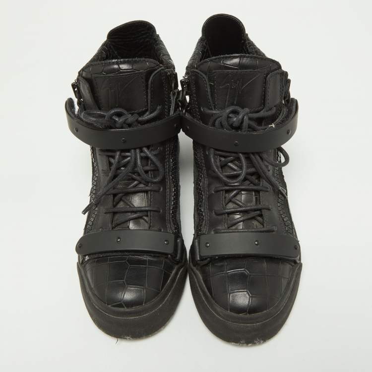 Pre Owned Giuseppe Zanotti Black Croc Embossed Leather Coby High Top Sneakers Size 38