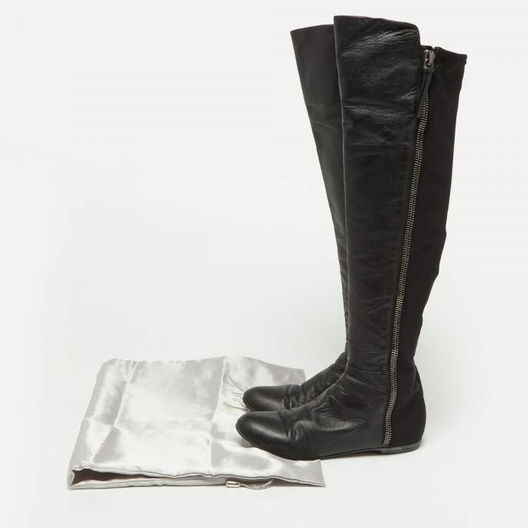 Pre Owned Giuseppe Zanotti Black Leather and Satin Knee Length Boots Size 39