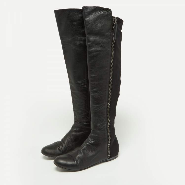 Pre Owned Giuseppe Zanotti Black Leather and Satin Knee Length Boots Size 39