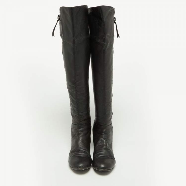 Pre Owned Giuseppe Zanotti Black Leather and Satin Knee Length Boots Size 39