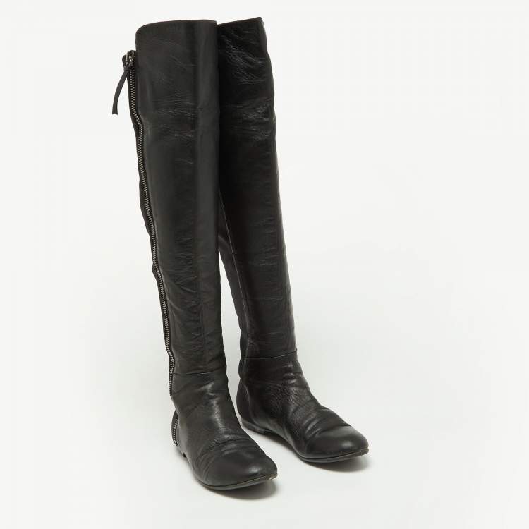 Pre Owned Giuseppe Zanotti Black Leather and Satin Knee Length Boots Size 39