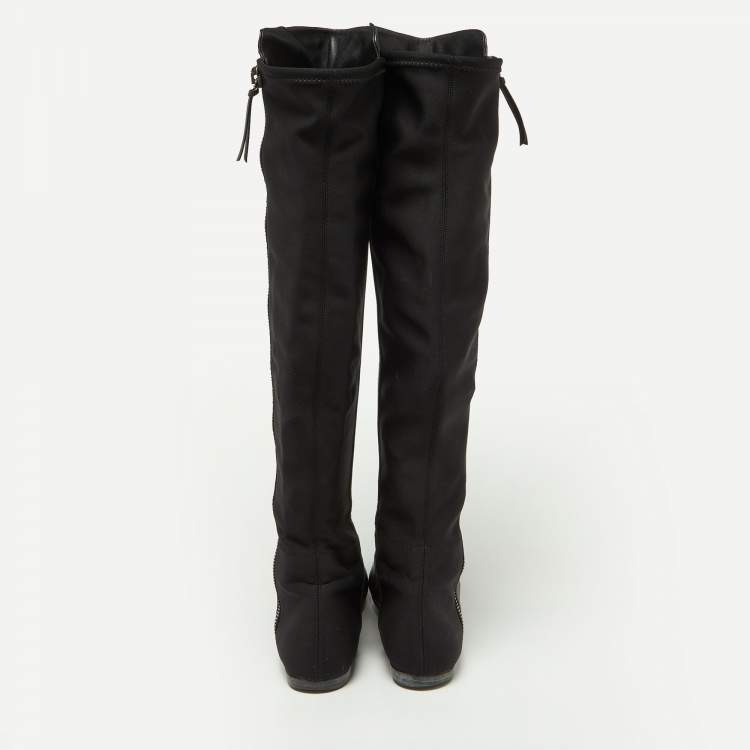 Pre Owned Giuseppe Zanotti Black Leather and Satin Knee Length Boots Size 39