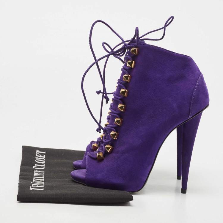 Pre Owned Giuseppe Zanotti Purple Nubuck Leather Studded Lace Up Ankle Booties Size 38